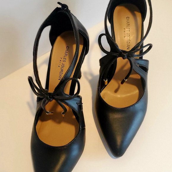 NEW Charles Jourdan Black Stiletto Heels Pumps Zip Back Whimsigoth Boho Chic 7 - Picture 3 of 6